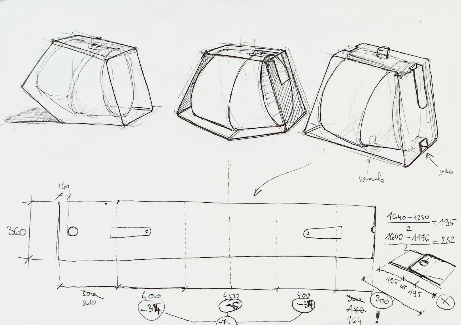 Pencil sketches of the lamp shade form with a dimensioned flat-pattern drawing