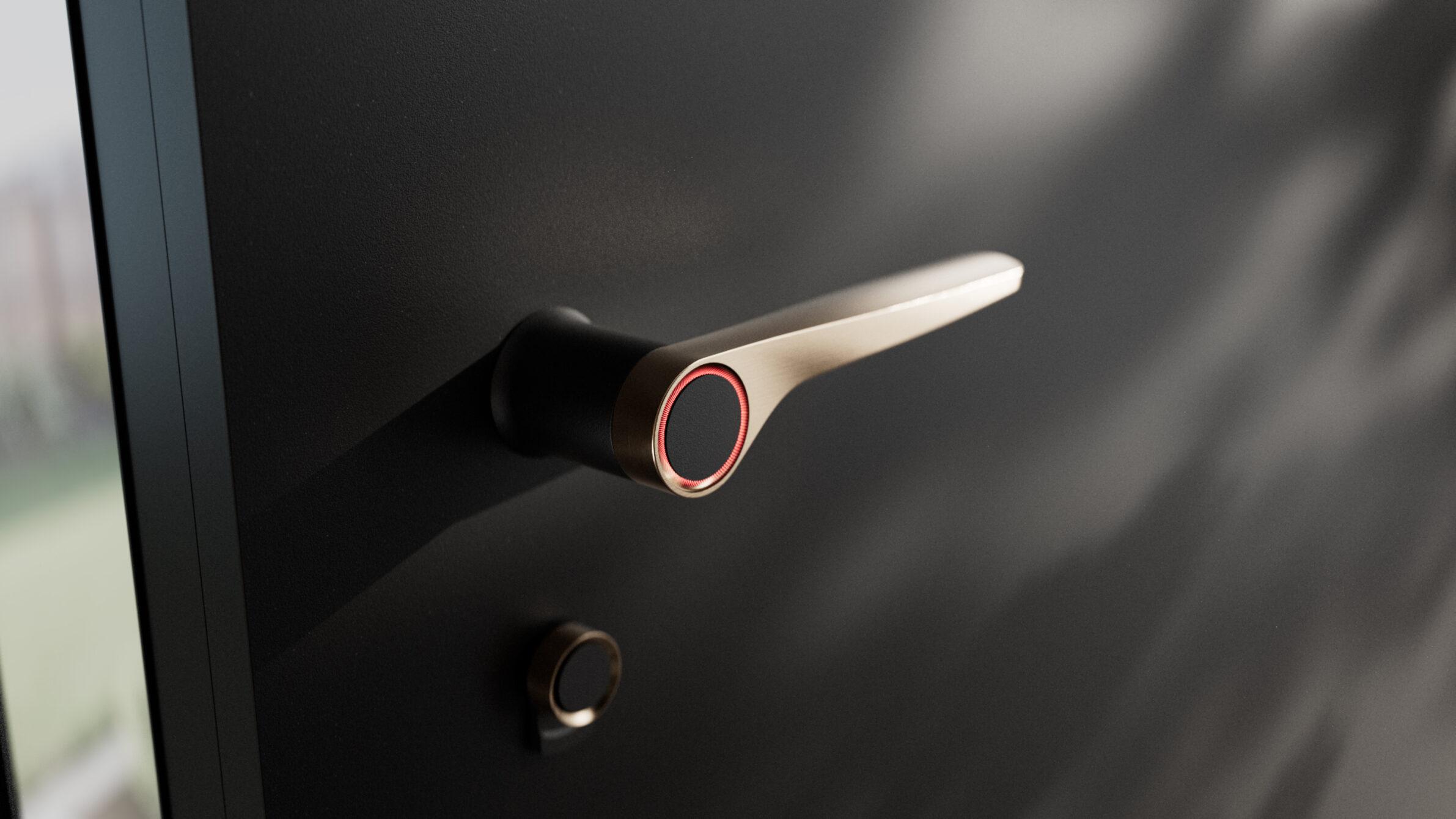 Magnifica handle with a lit ring on a dark entrance door
