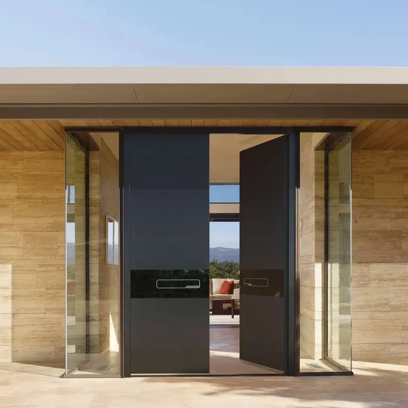 Pirnar aluminium double entrance door, one leaf open, on a modern house