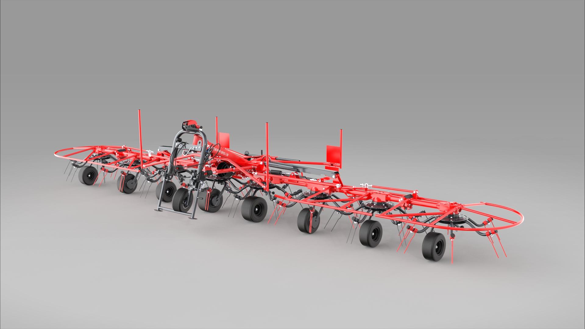 Render of a red SIP rotary tedder in working position