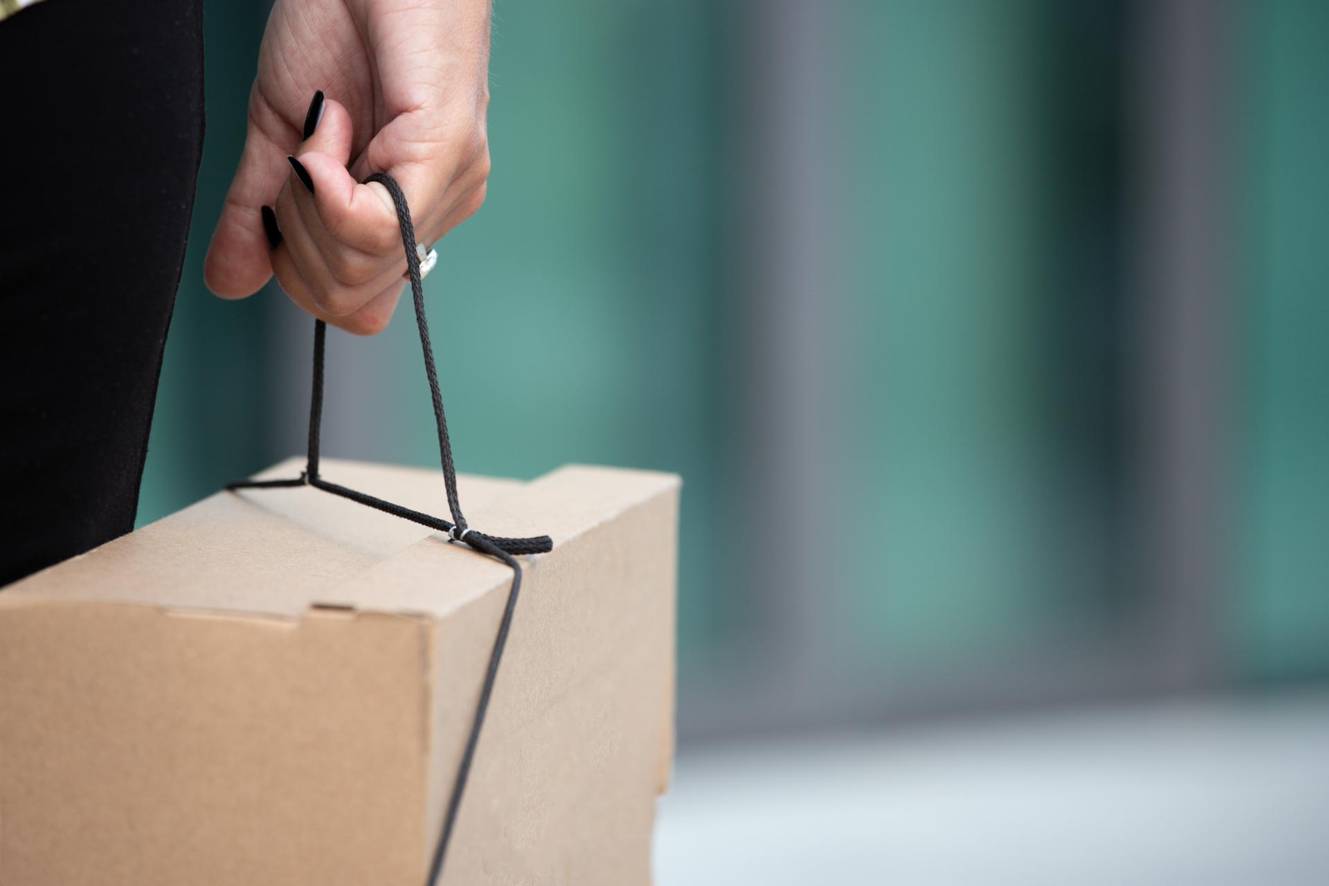 Close-up of a hand carrying a cardboard box by a black Bagless Cord