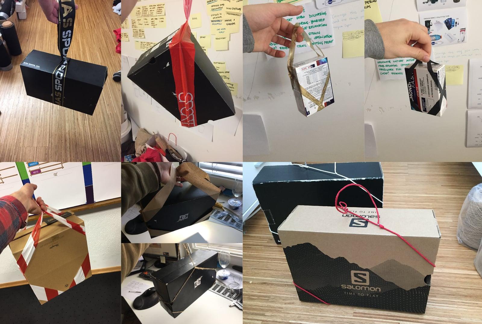 Collage of early Bagless Cord prototypes tied around shoeboxes