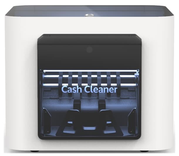Cash Cleaner unit, white with a dark front panel, on a white background