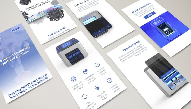 Cash Cleaner brochure and web pages laid out side by side
