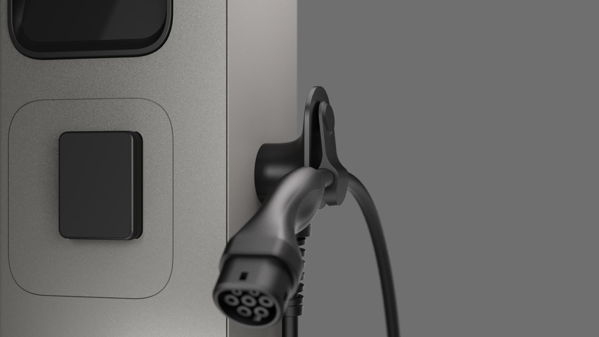 Etrel INCH charger seen from the side with the charging plug resting in its magnetic holder