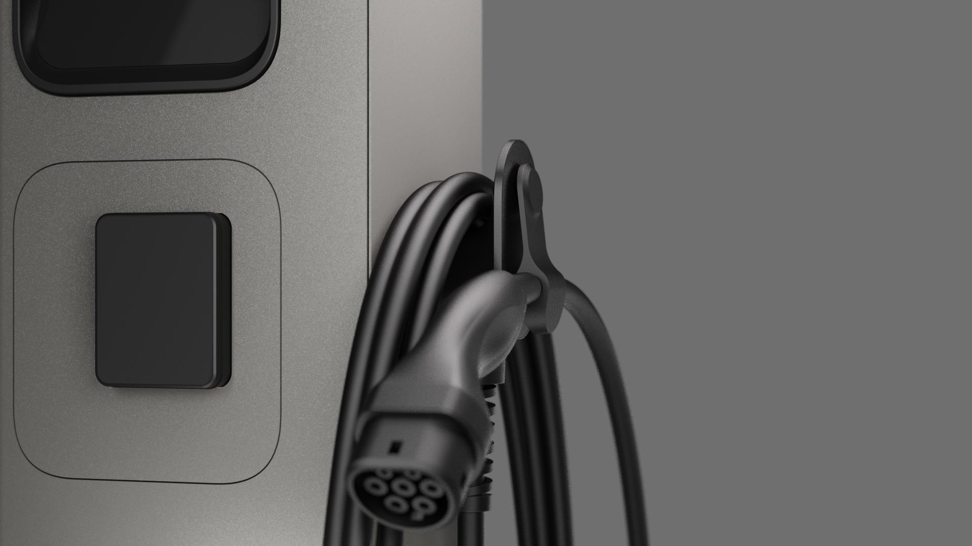 Etrel INCH charger with the charging cable coiled around the holder and the plug docked