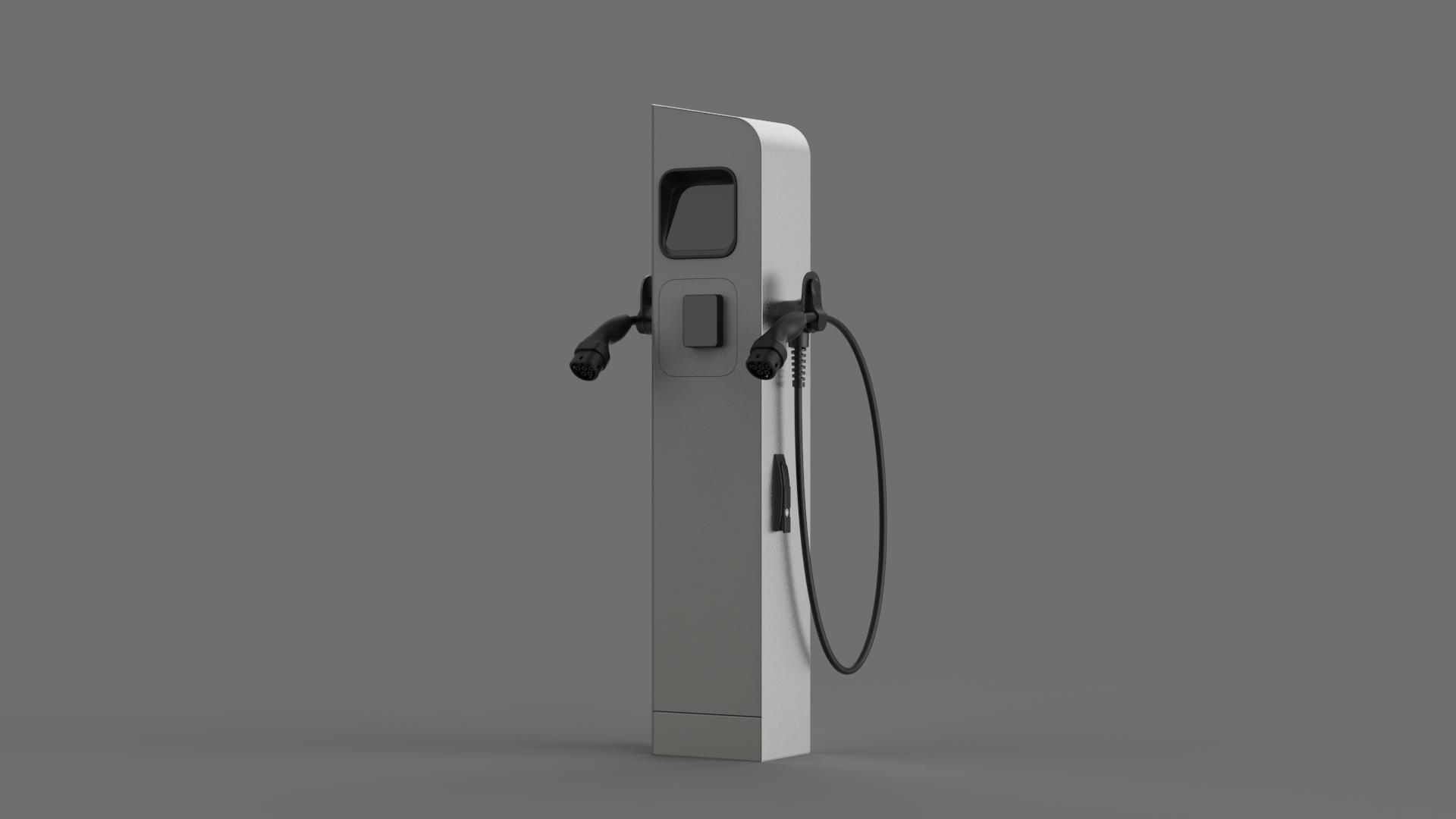 Etrel INCH pedestal charger with two tethered cables, rendered on a grey background