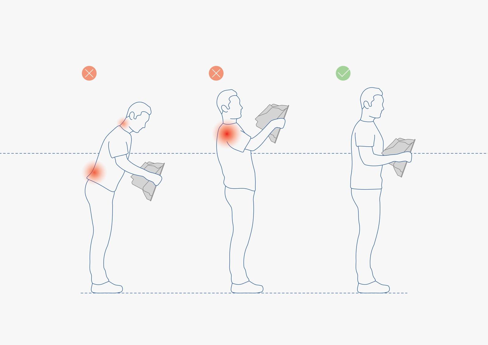 Diagram comparing three working postures, two bent postures marked as strained and an upright one marked as correct