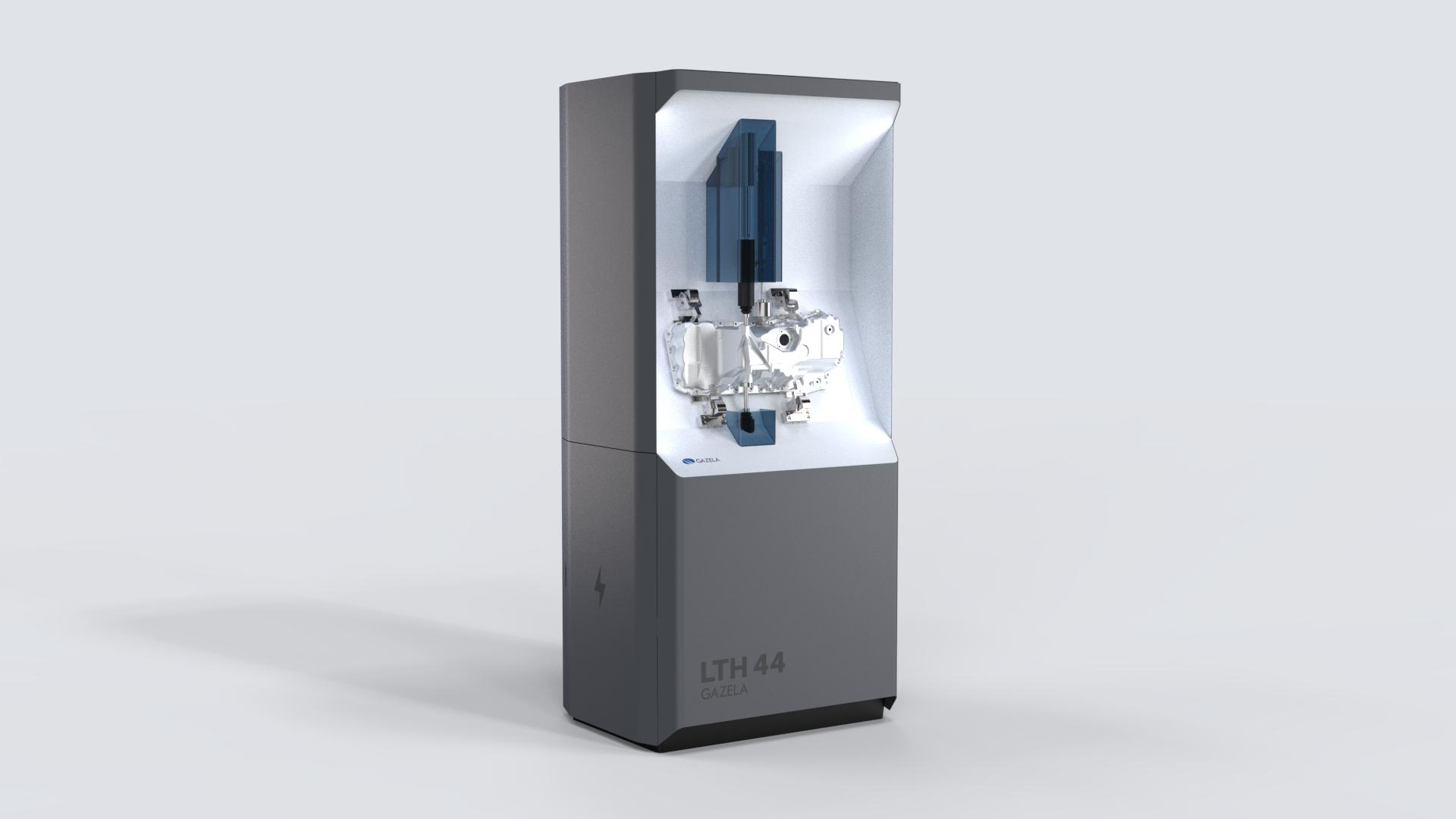 Front view render of the Gazela measurement booth with a workpiece in the lit measuring chamber