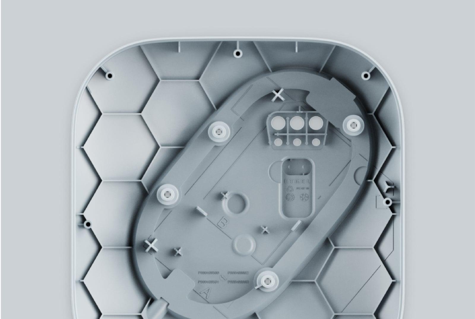 Back plate of the INCH Core housing with a hexagonal rib structure