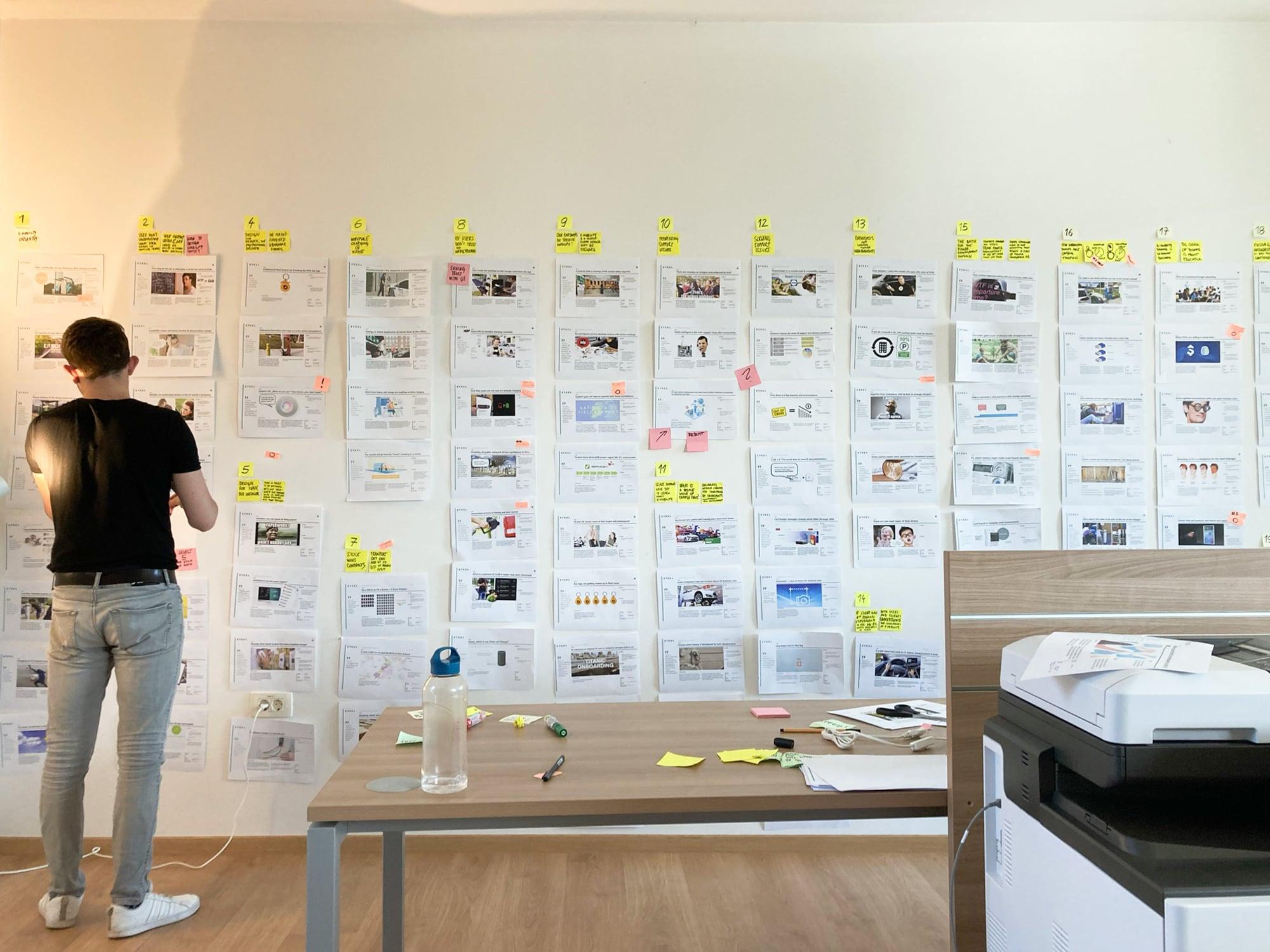 Designer at a wall of research printouts and sticky notes in the Etrel studio