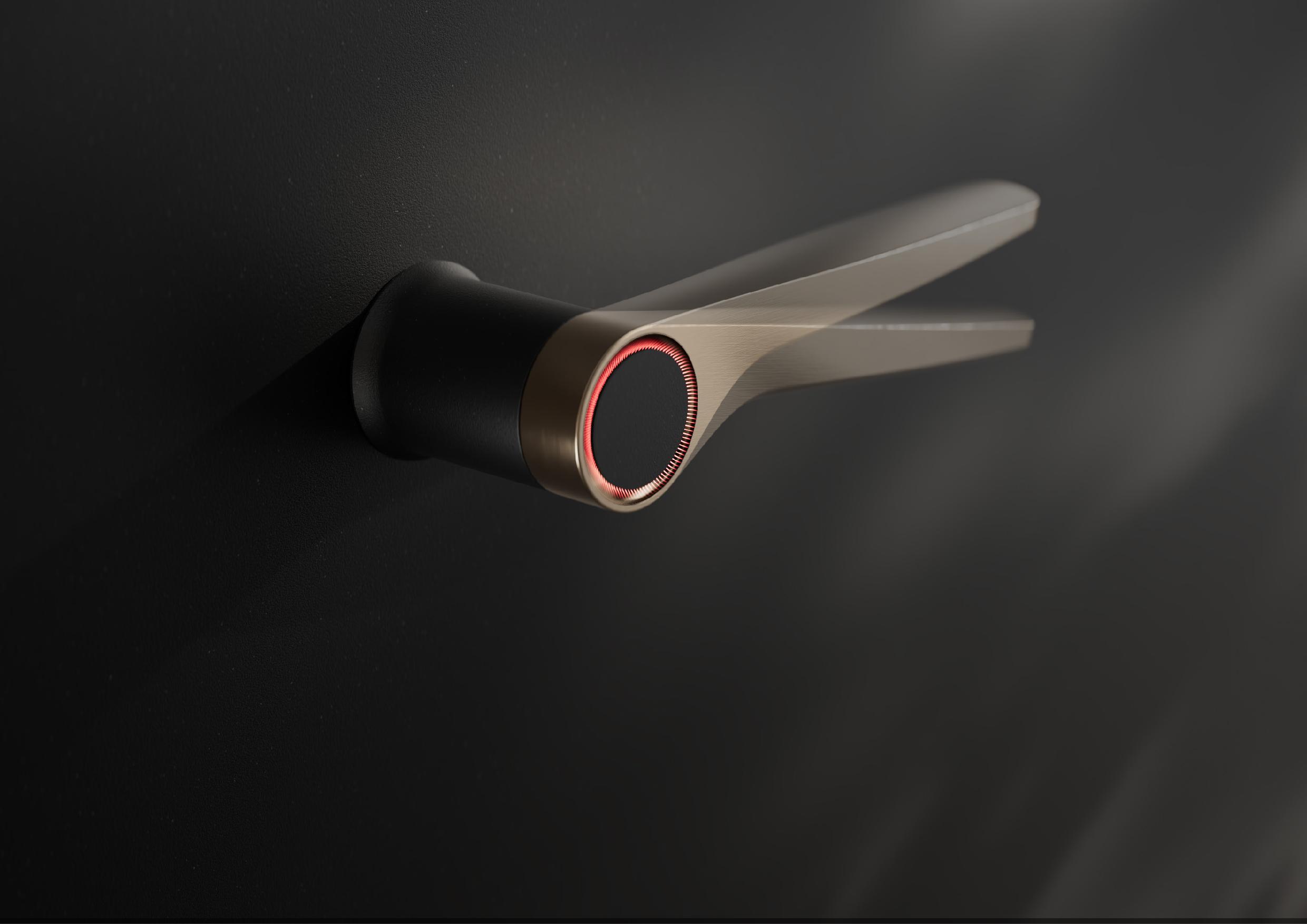 Magnifica handle on a dark door, shown moving as it is pressed