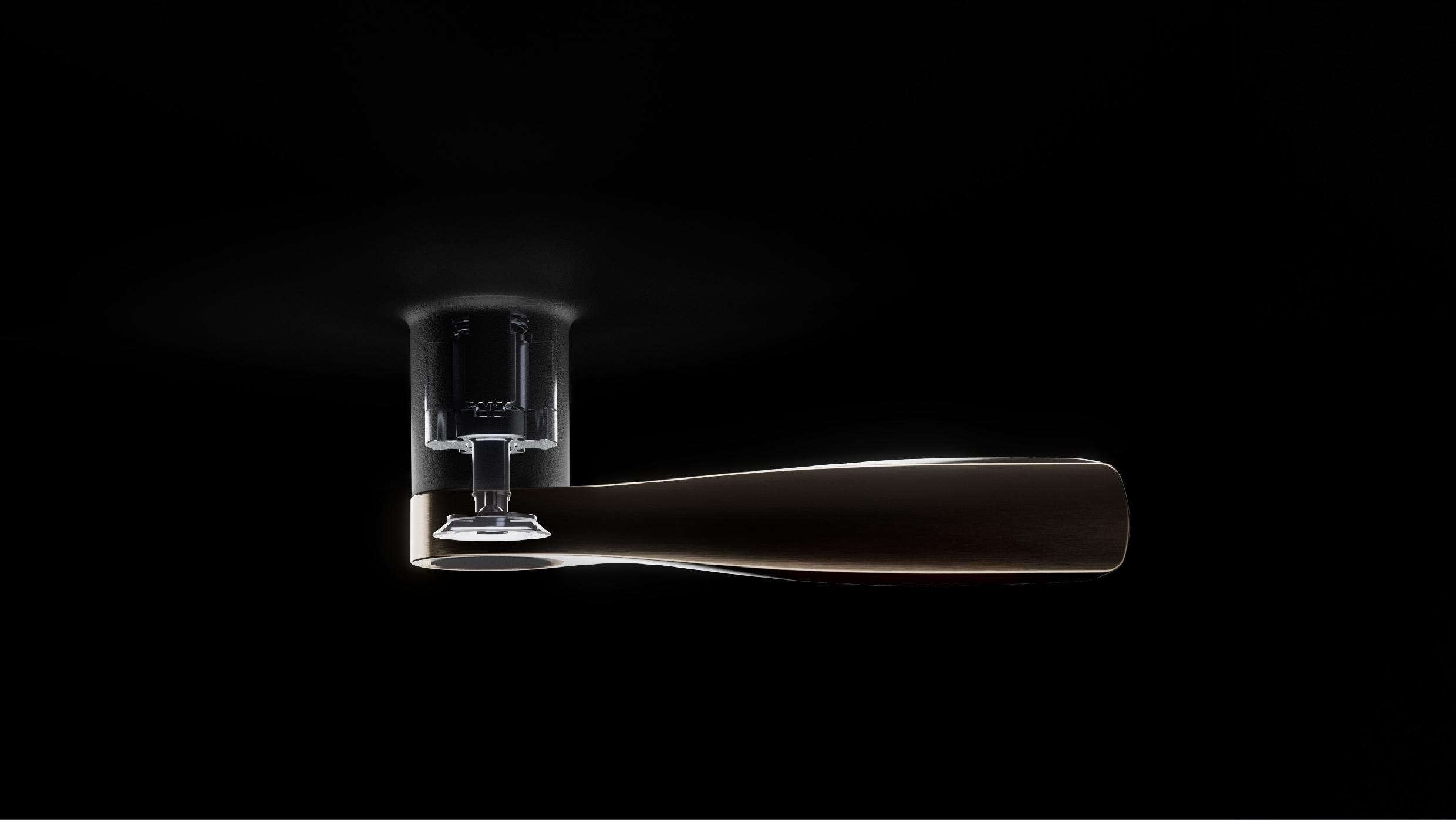 Transparent view of the Magnifica handle mechanism on a black background