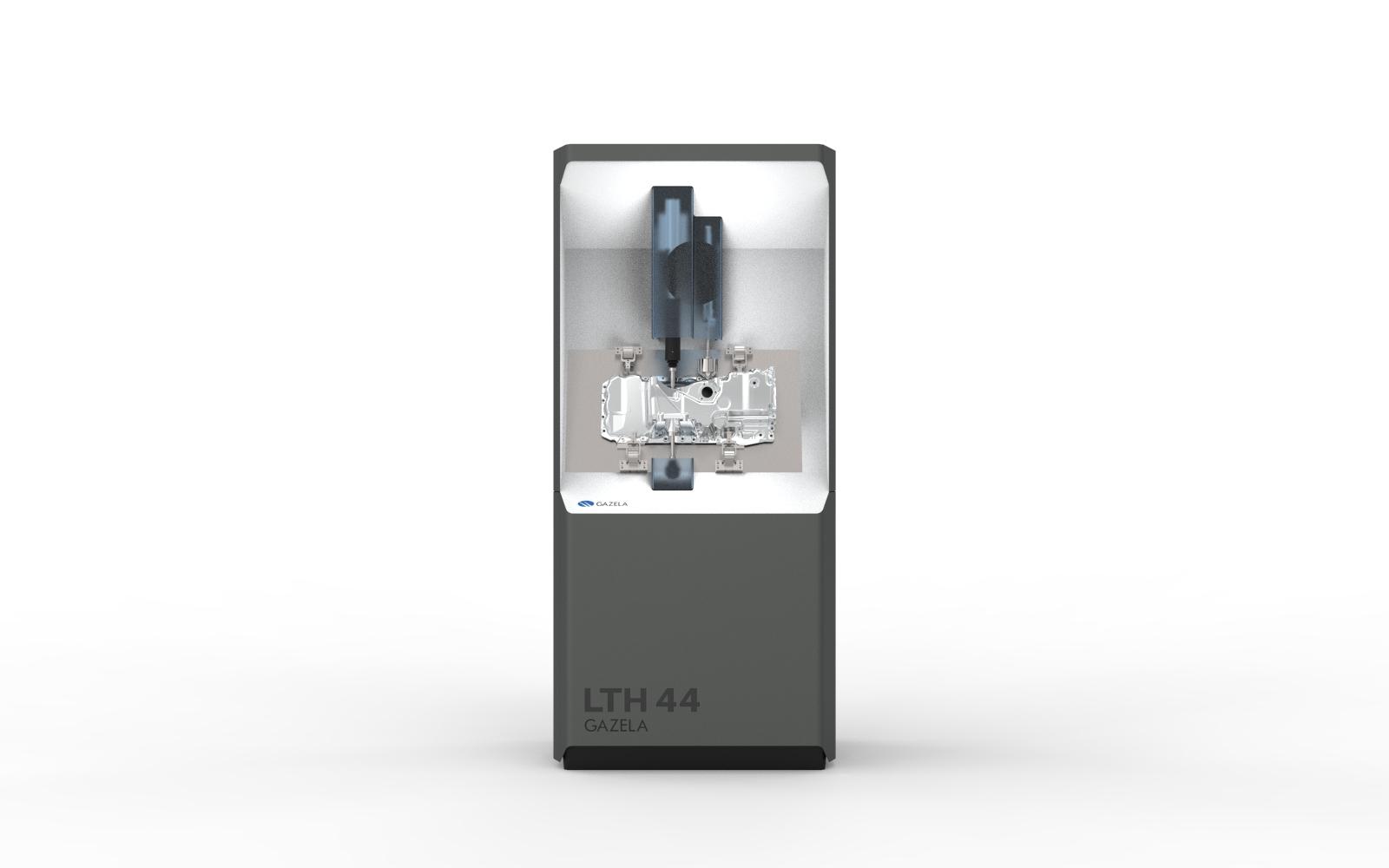 Front view render of the Gazela LTH 44 measurement booth with a workpiece in the lit measuring chamber