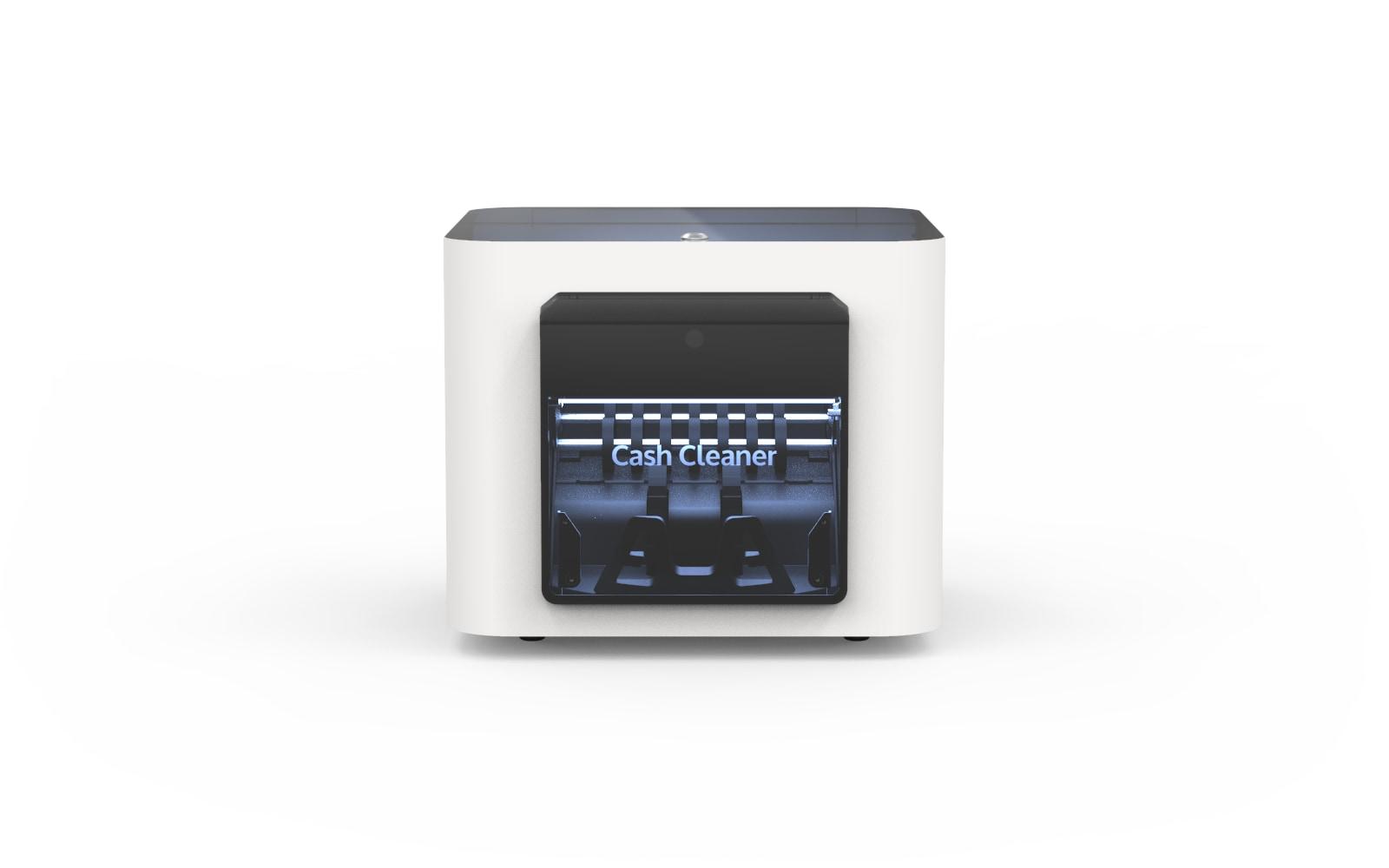 Cash Cleaner unit, white with a dark front panel, on a white background