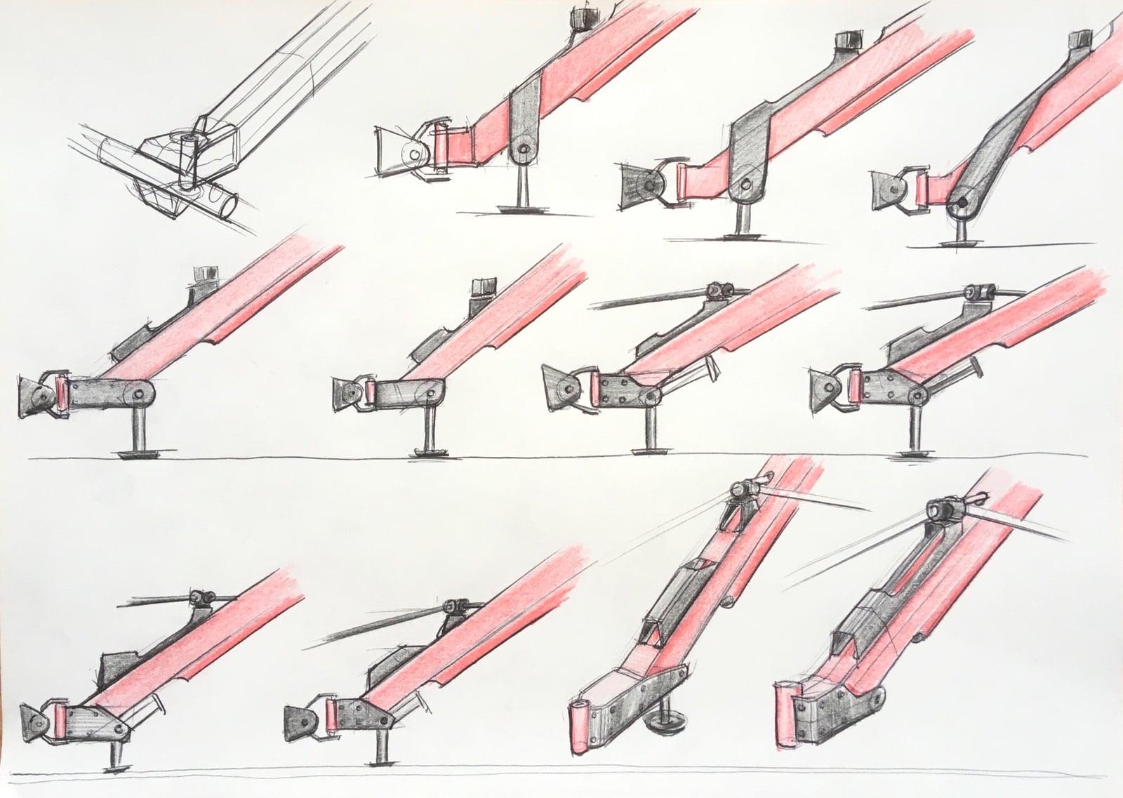 Rows of sketches exploring the shape of the machine's support legs