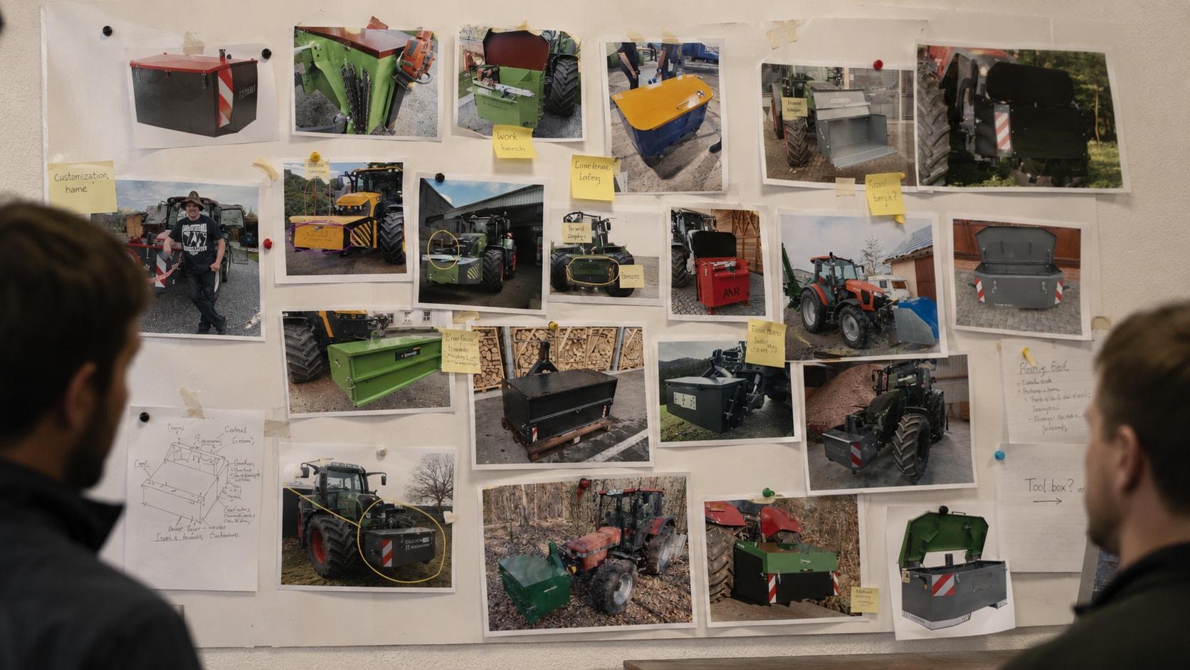 Research wall of tractor and transport-box photos with notes