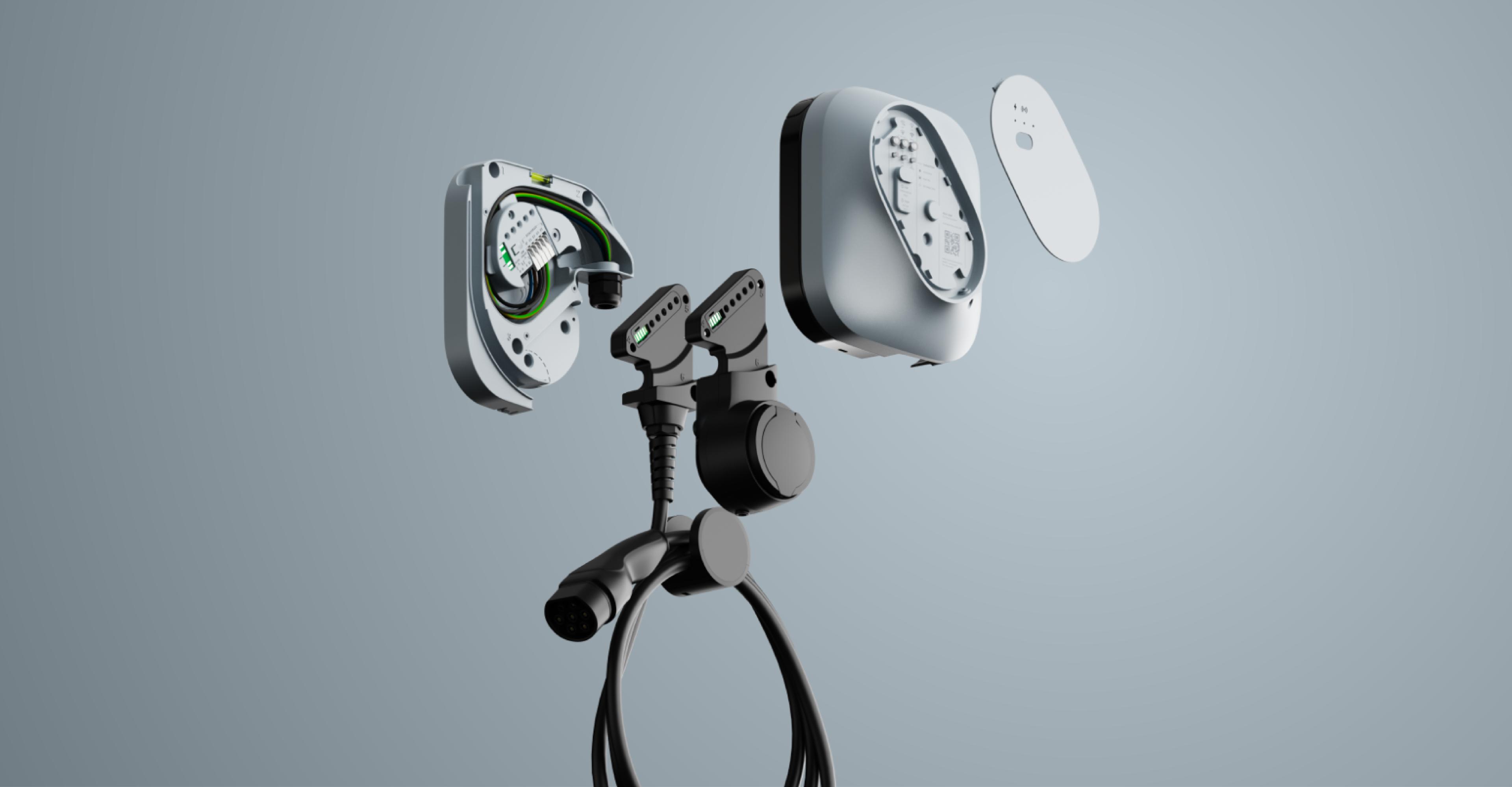 Exploded view of the Etrel INCH Core charger: wall plate, internals, housing and front cover with the charging cable