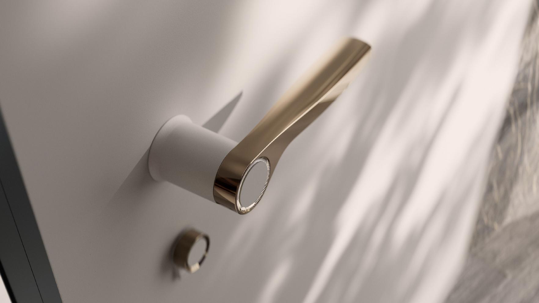 Bronze Pirnar Magnifica handle on a light door in soft daylight
