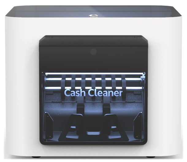 Cash Cleaner unit, white with a dark front panel, on a white background