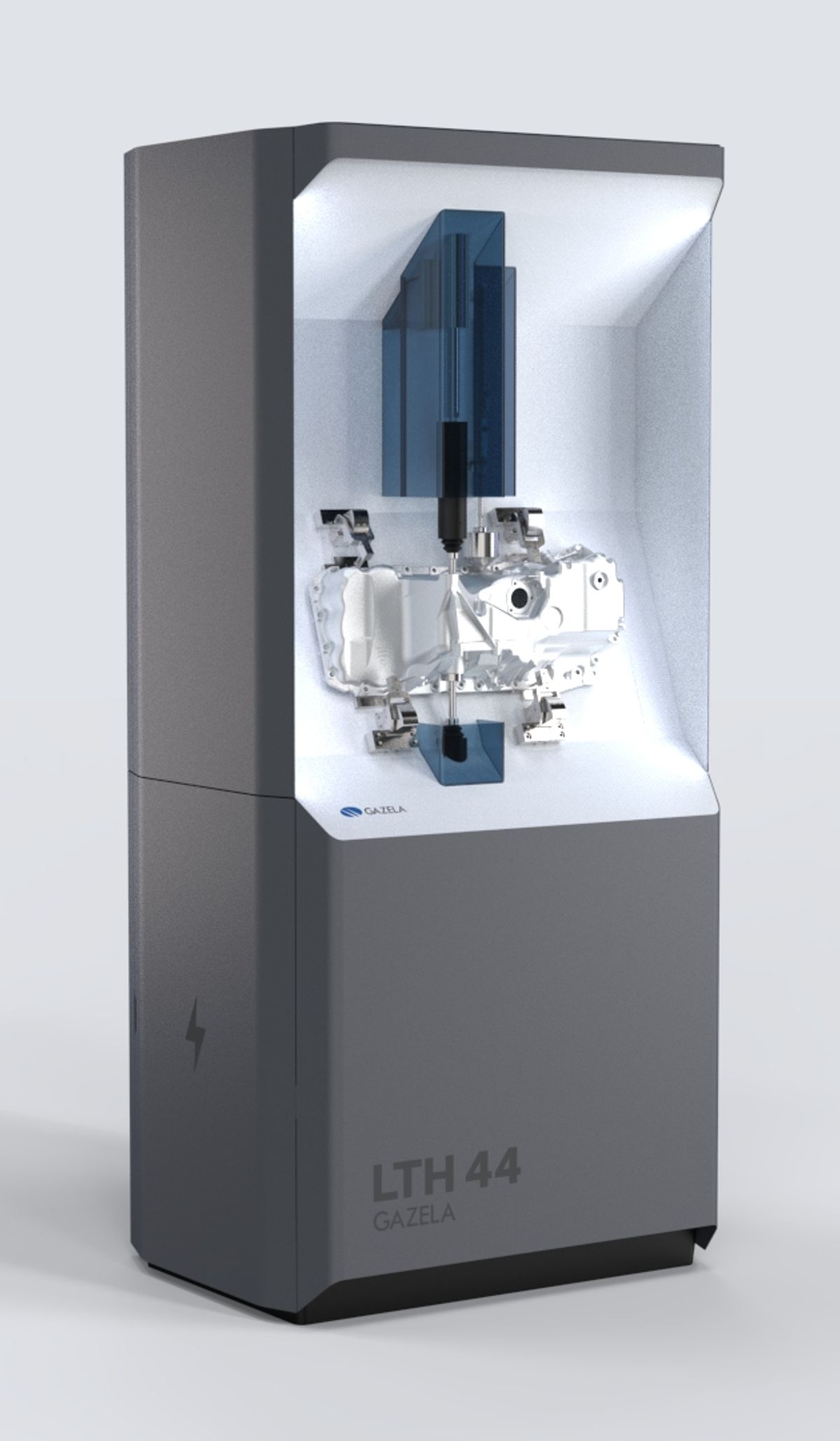 Front view render of the Gazela measurement booth with a workpiece in the lit measuring chamber